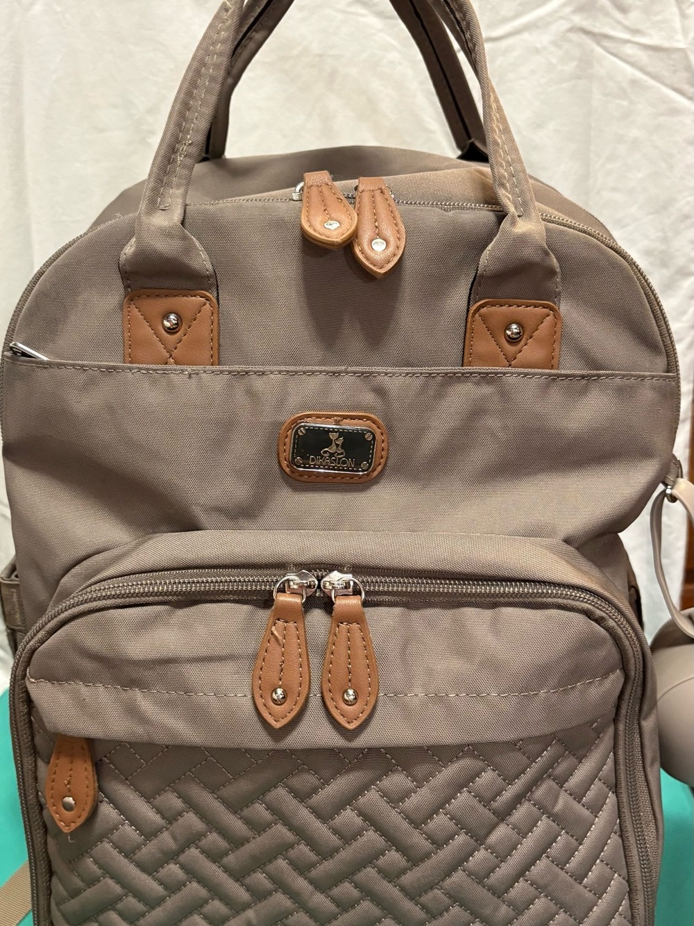 Diaper Backpack in Taupe with Tan Trim by
